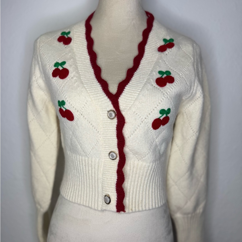 Cider White Cardigan with Cherry Embroidery and Red Trim